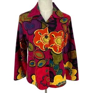 Life Style Petite Women's Button Front Floral Print Retro Graphic Jacket Size PM